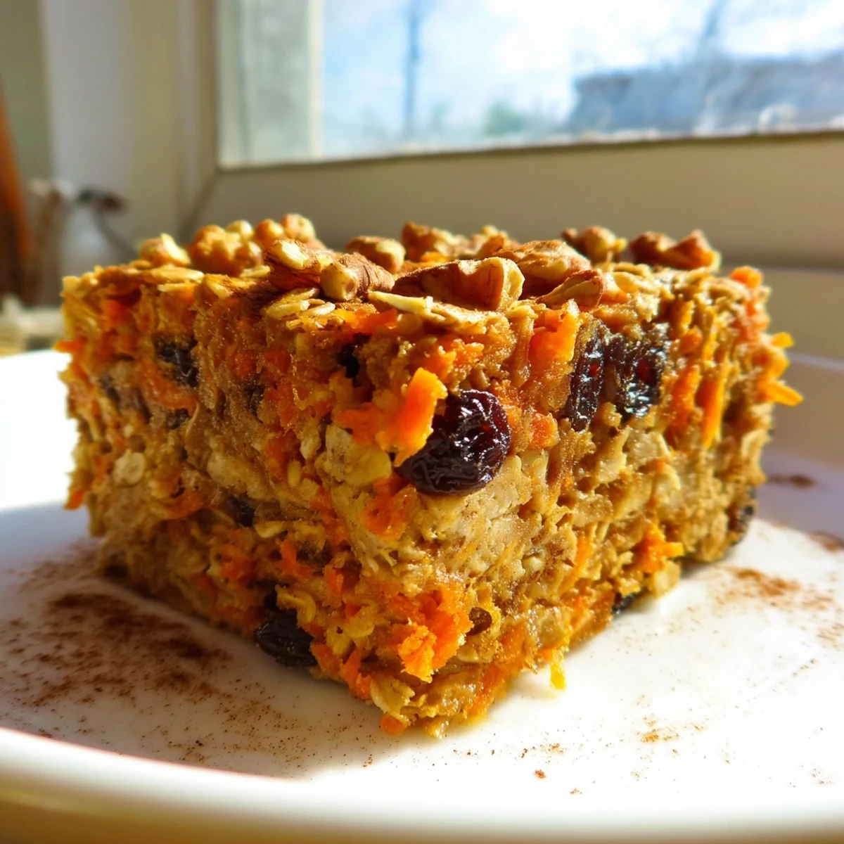Golden carrot cake baked oatmeal sprinkled with walnuts and raisins in a square baking dish