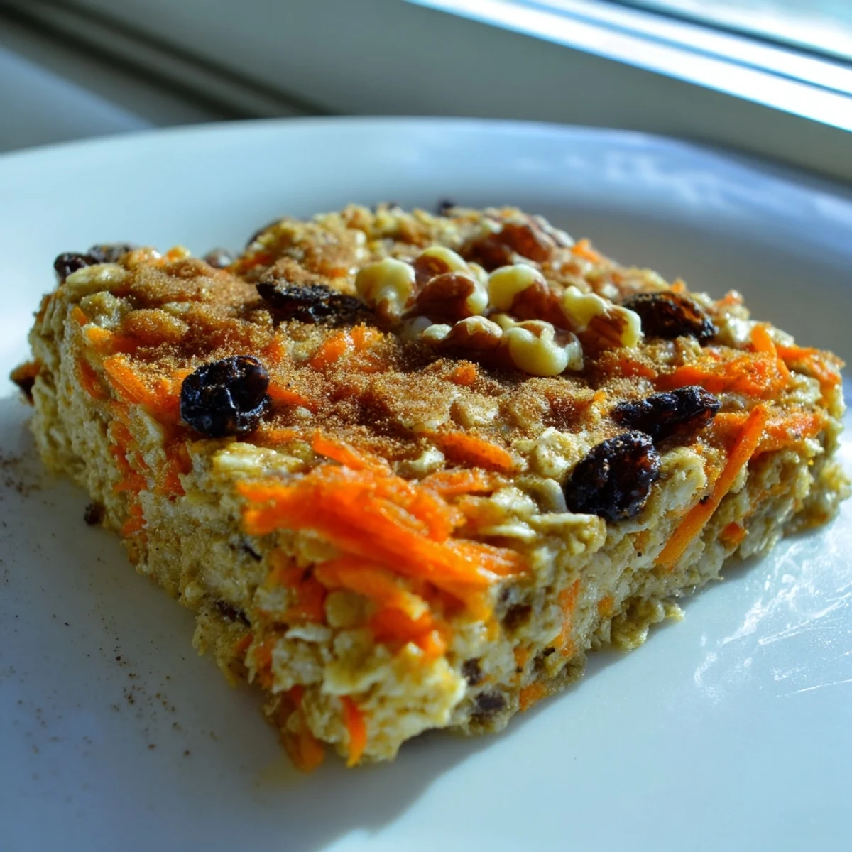 Slices of moist carrot cake baked oatmeal topped with extra cinnamon and chopped walnuts