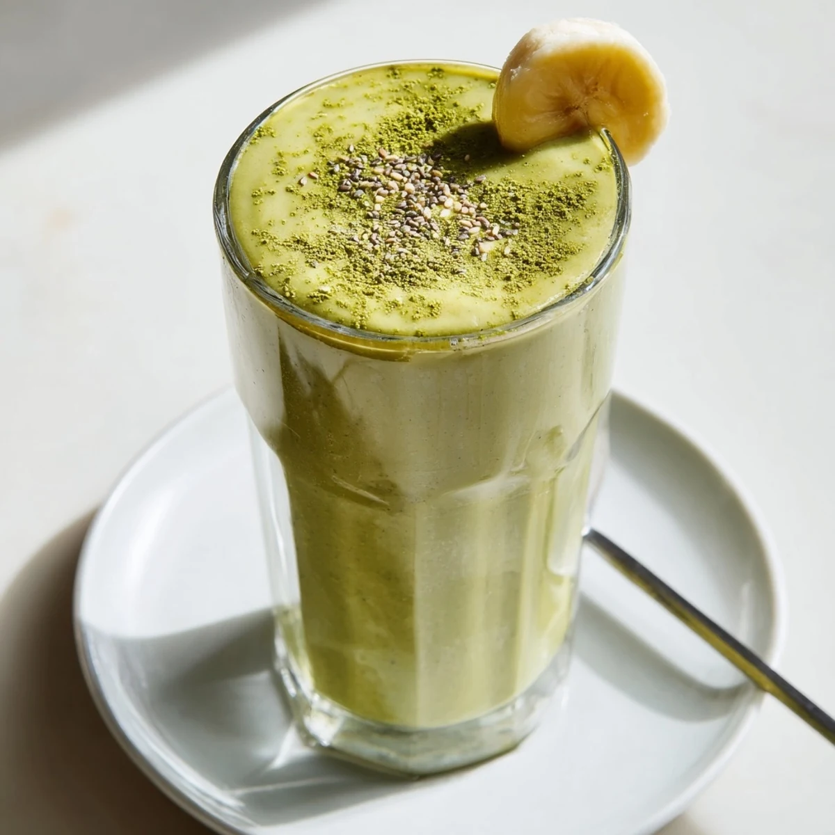 Matcha Smoothie in tall glass with frothy green swirl, chilled breakfast sip