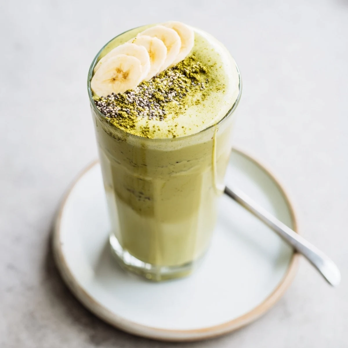 Vibrant Matcha Smoothie blended with banana and oat milk, silky green texture