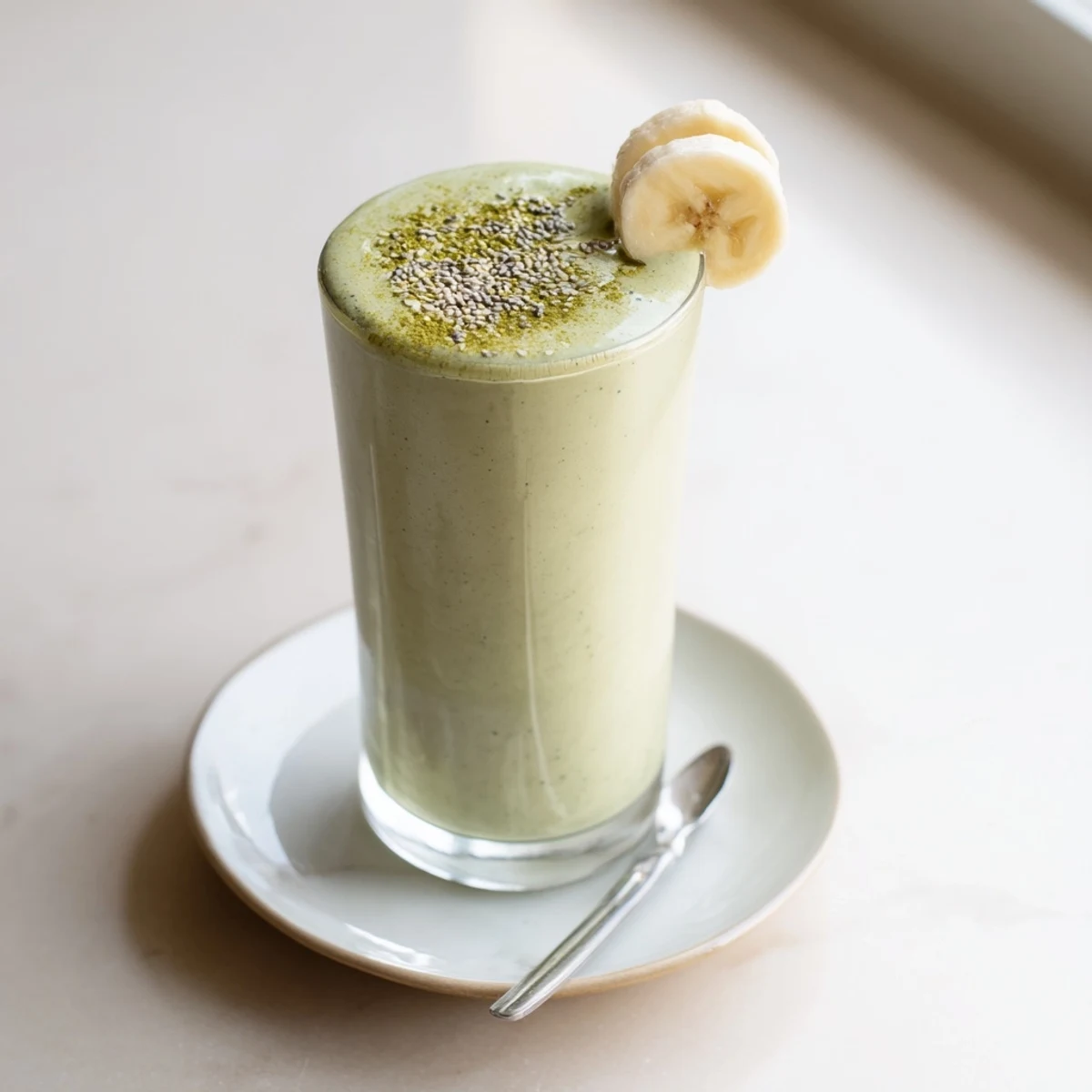 Creamy Matcha Smoothie topped with chia seeds, ready for busy mornings