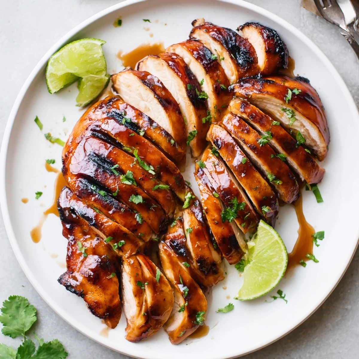 Key West Grilled Chicken With Tropical Citrus Marinade, glistening juicy breasts and lime wedge.