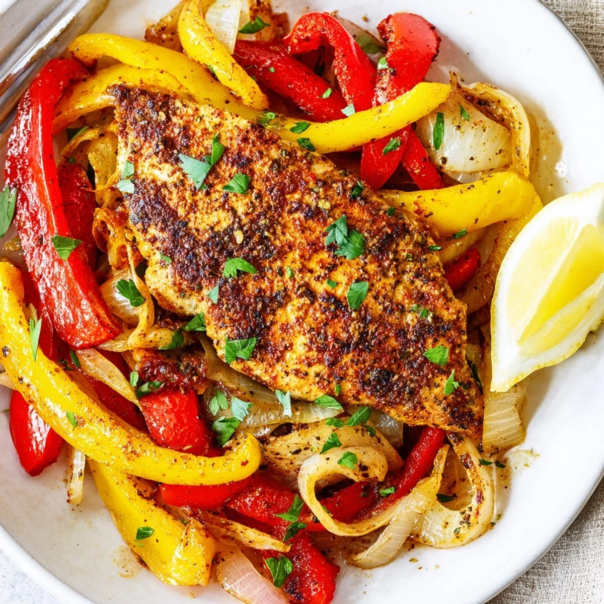 One Pan Chicken And Peppers roasted to juicy perfection with lemon wedges