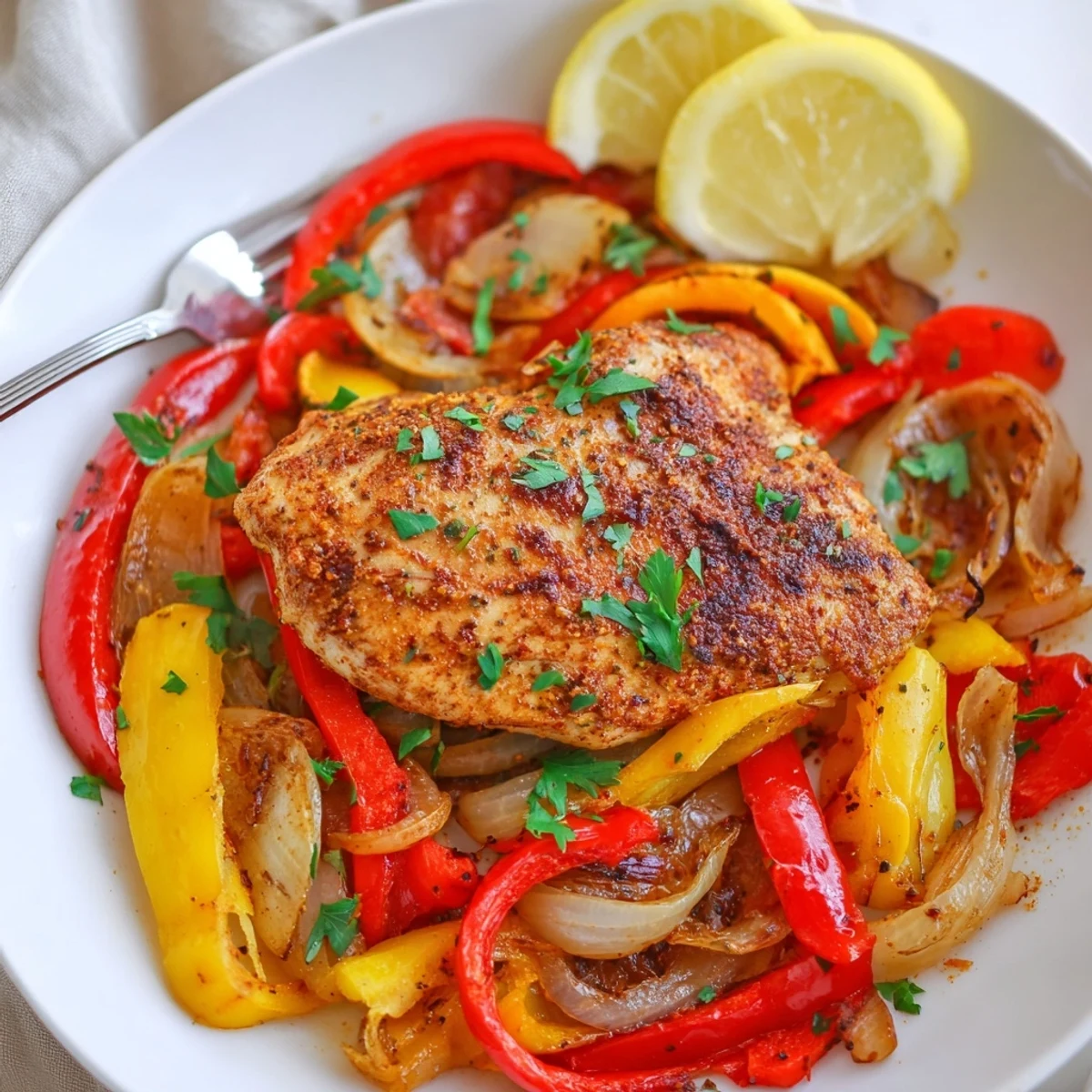Skillet snapshot of One Pan Chicken And Peppers with caramelized sweet peppers