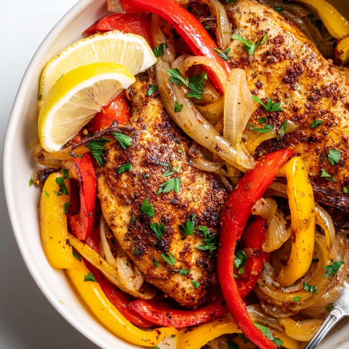 Weeknight serving of One Pan Chicken And Peppers over rice, fragrant and vibrant