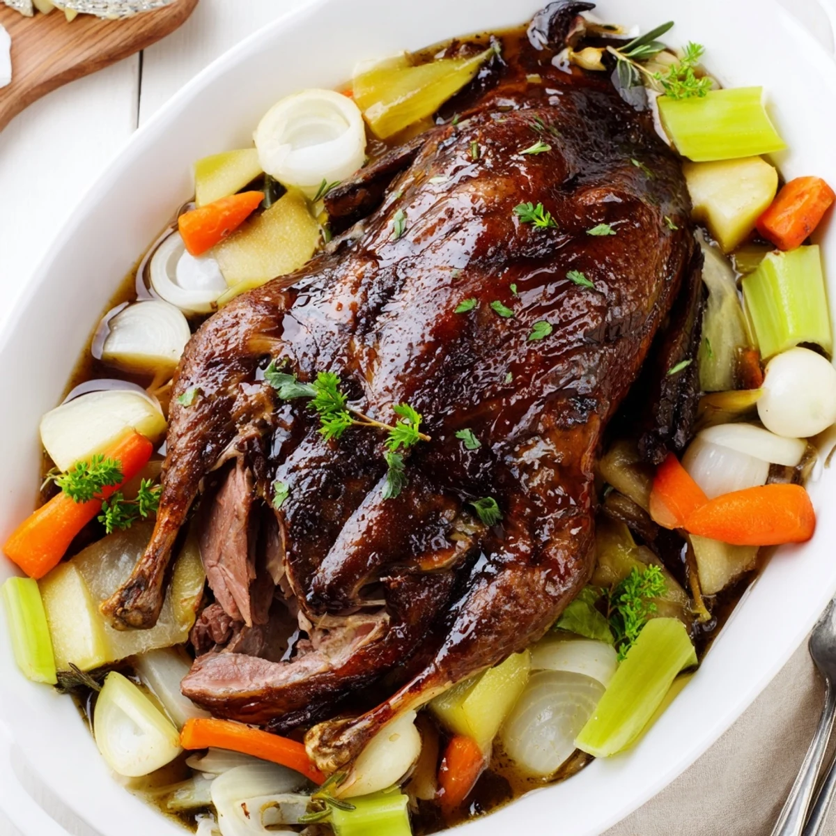Crispy Braised Duck With Savory Vegetables golden skin resting on braised root vegetables