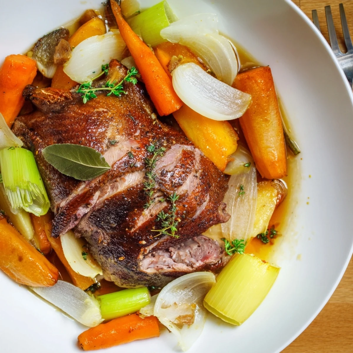 Crispy Braised Duck With Savory Vegetables rests after roasting carved beside glazed carrots