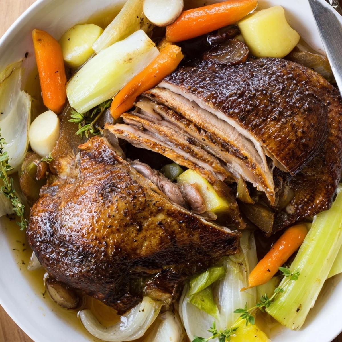 Herb scented pan juices accompany Crispy Braised Duck With Savory Vegetables on platter