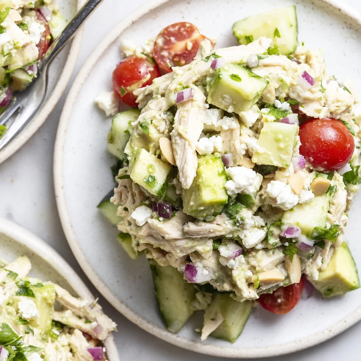 Bright Avocado Chicken Salad tossed with cilantro and crunchy cucumber.