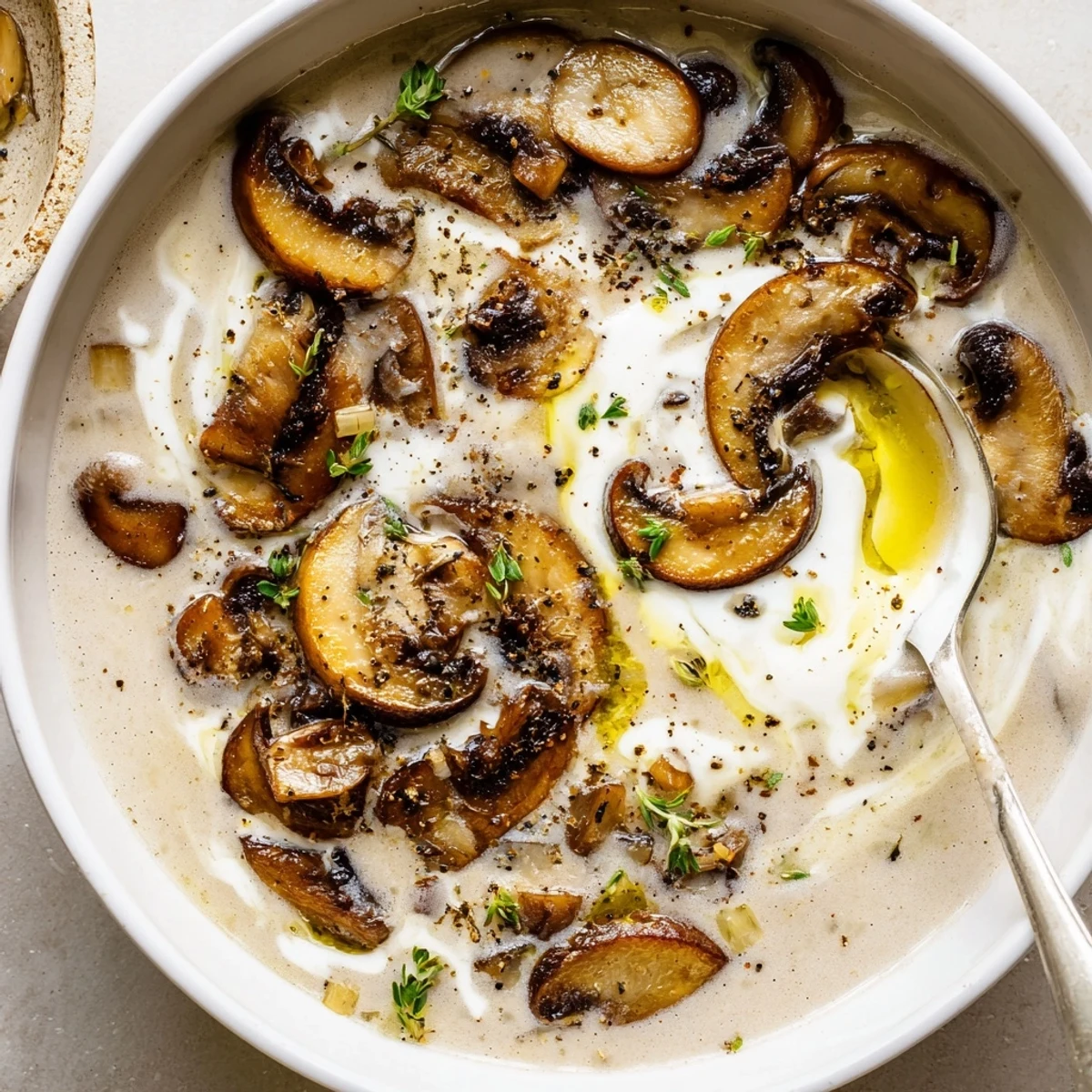 Creamy Mushroom Soup steaming in bowl, earthy aroma and parsley garnish