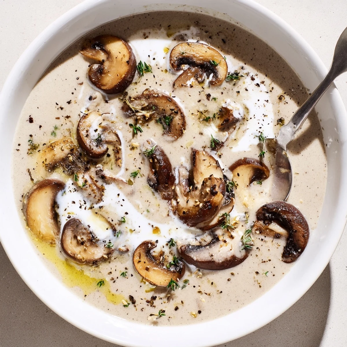 Warm Mushroom Soup simmering in pot, browned mushrooms and garlic