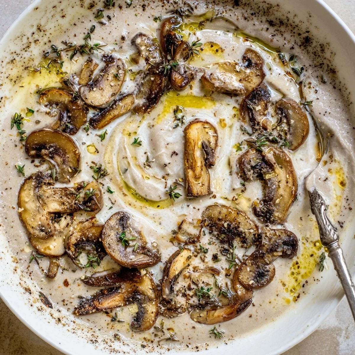 Velvety Mushroom Soup ladled over crusty bread, savory thyme and pepper