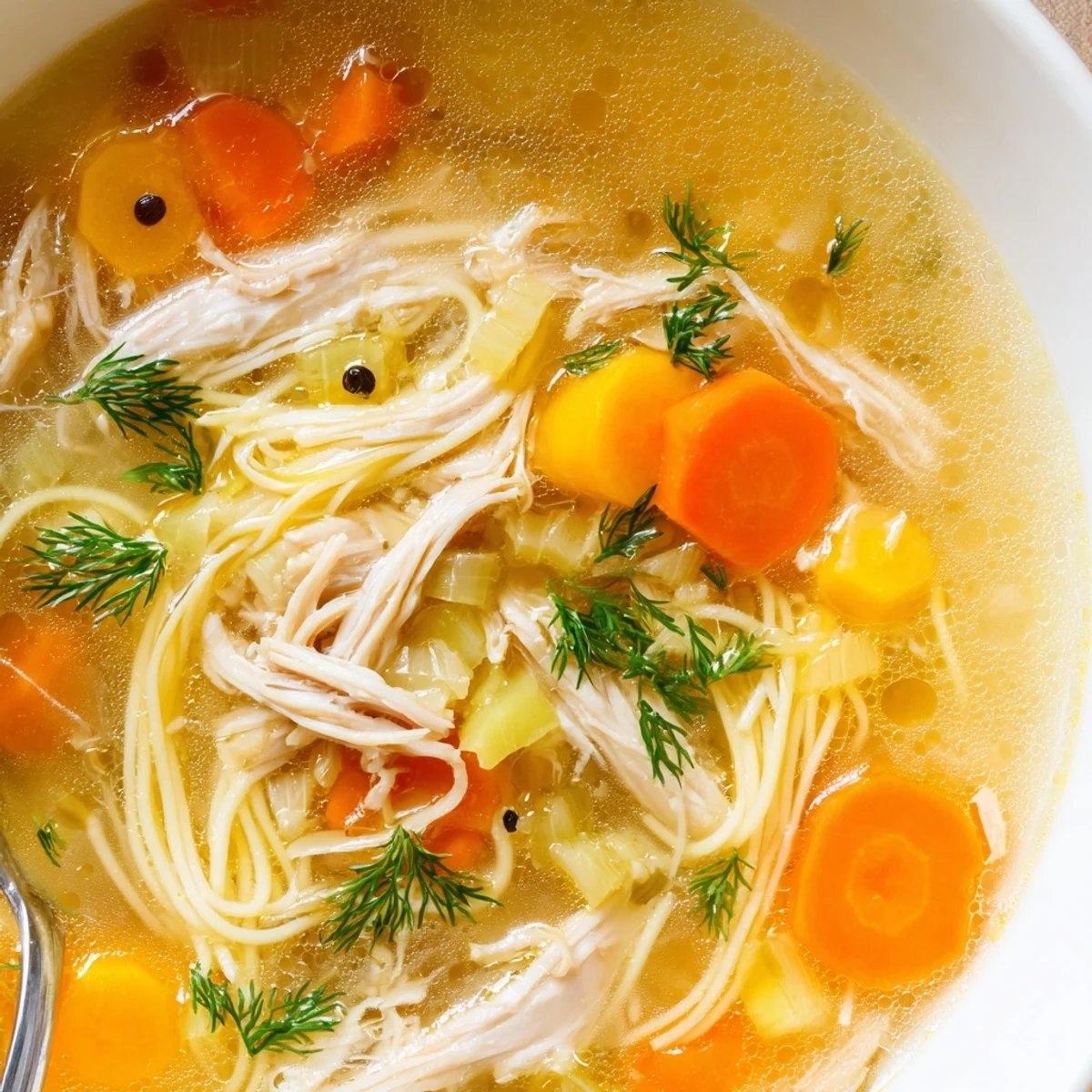 Hearty Chicken Soup steaming in bowl with shredded meat and carrots