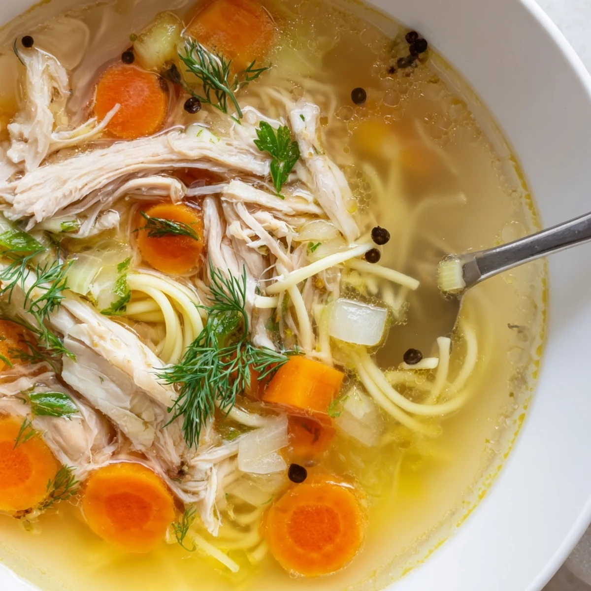 Bowl of homemade Chicken Soup garnished with parsley, served with crusty bread