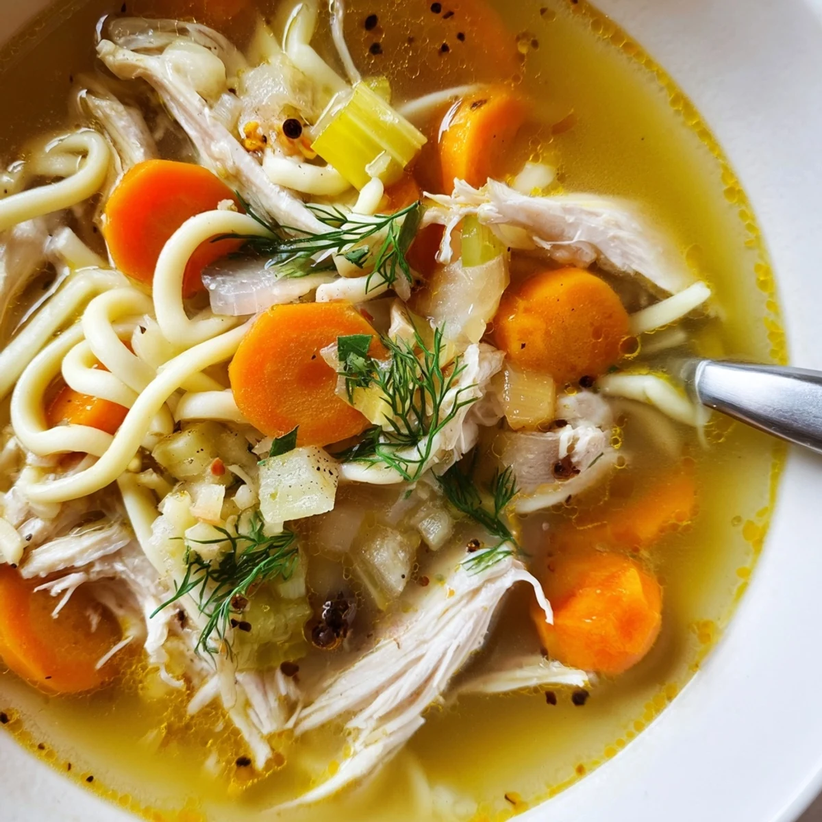 Slow-simmered Chicken Soup in pot, aromatic broth with bay leaves