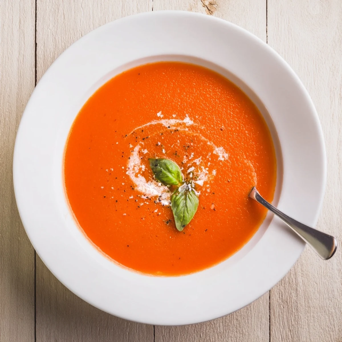 Creamy Tomato Soup steaming in a bowl, garnished with fresh basil