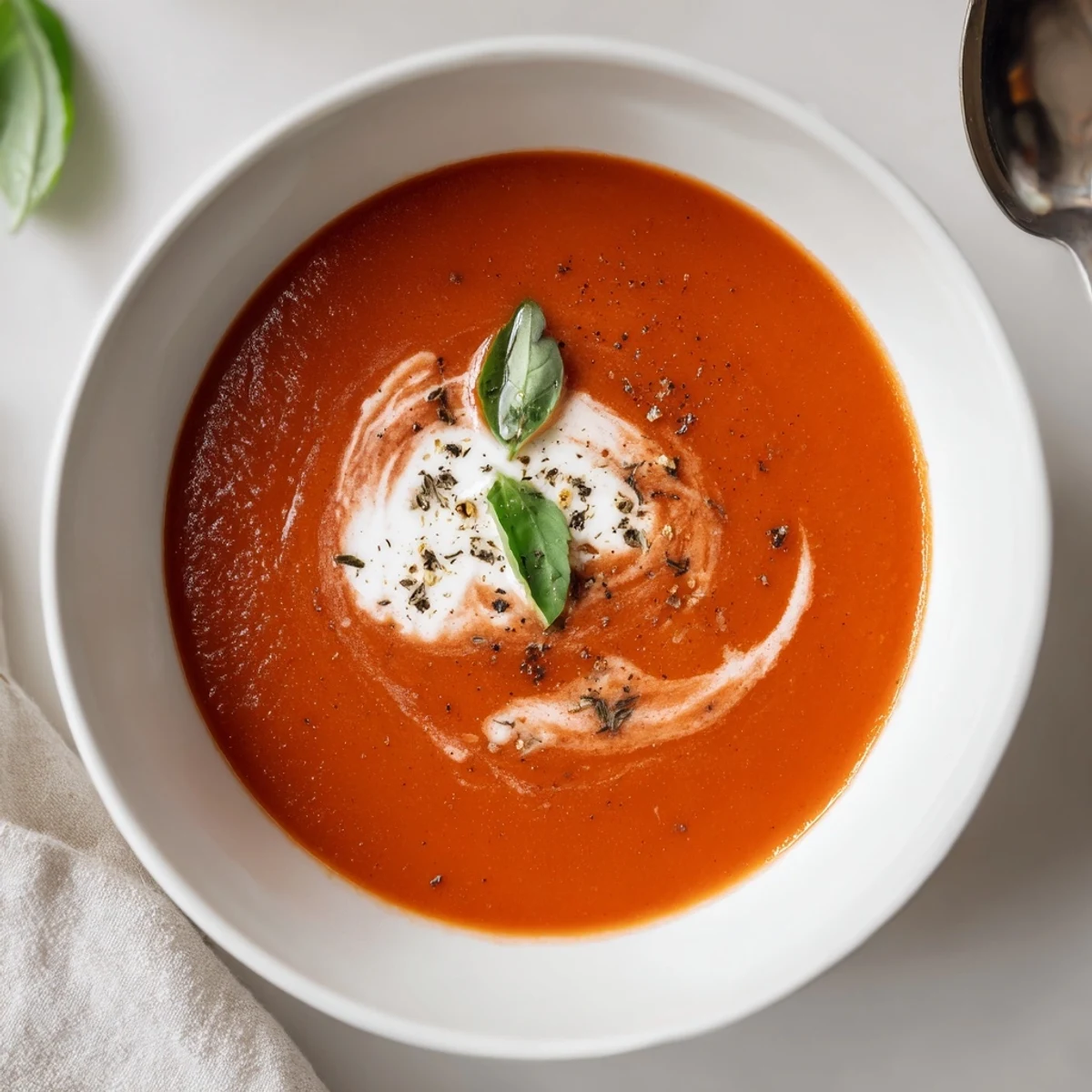 Roasted Tomato Soup with silky texture, served with crusty bread