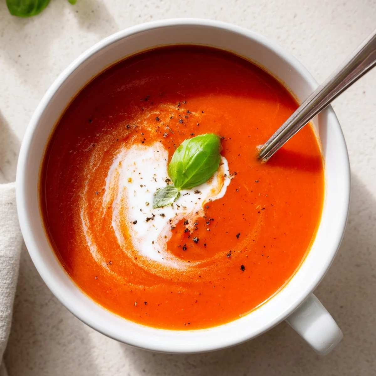 Warm Tomato Soup ladled into a mug, hint of garlic