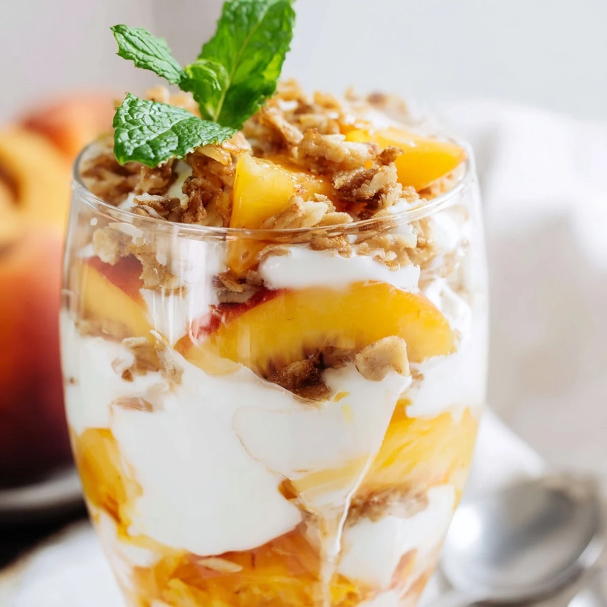 Glass bowl displaying sweet peach yogurt parfait layers with golden granola topping