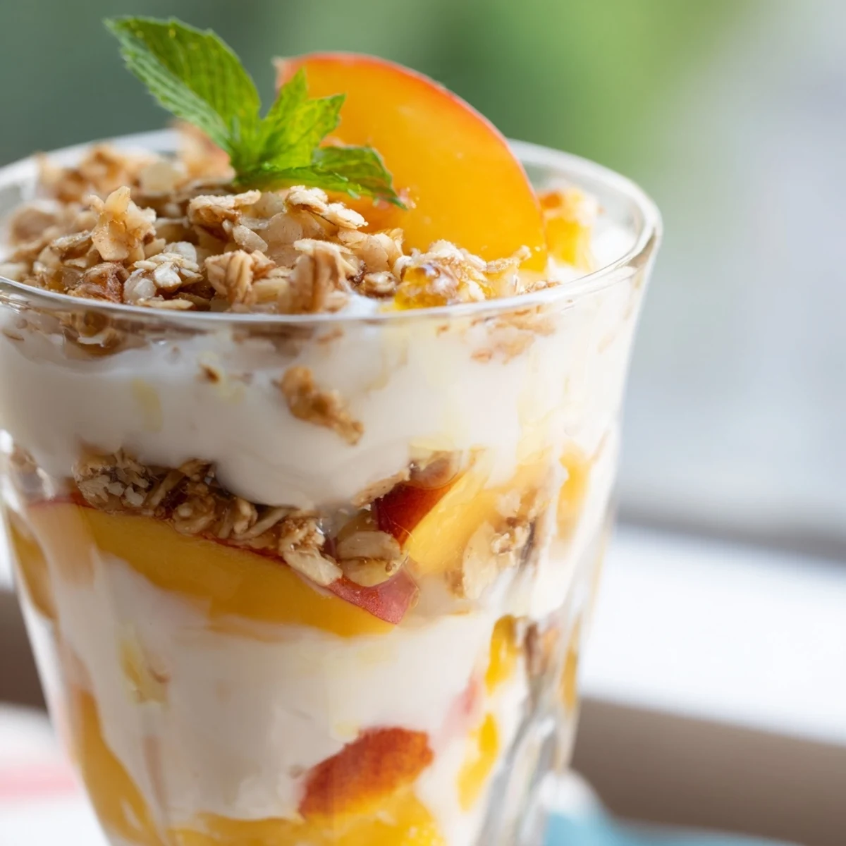 Ripe peach slices layered with creamy Greek yogurt and crunchy honey granola swirl