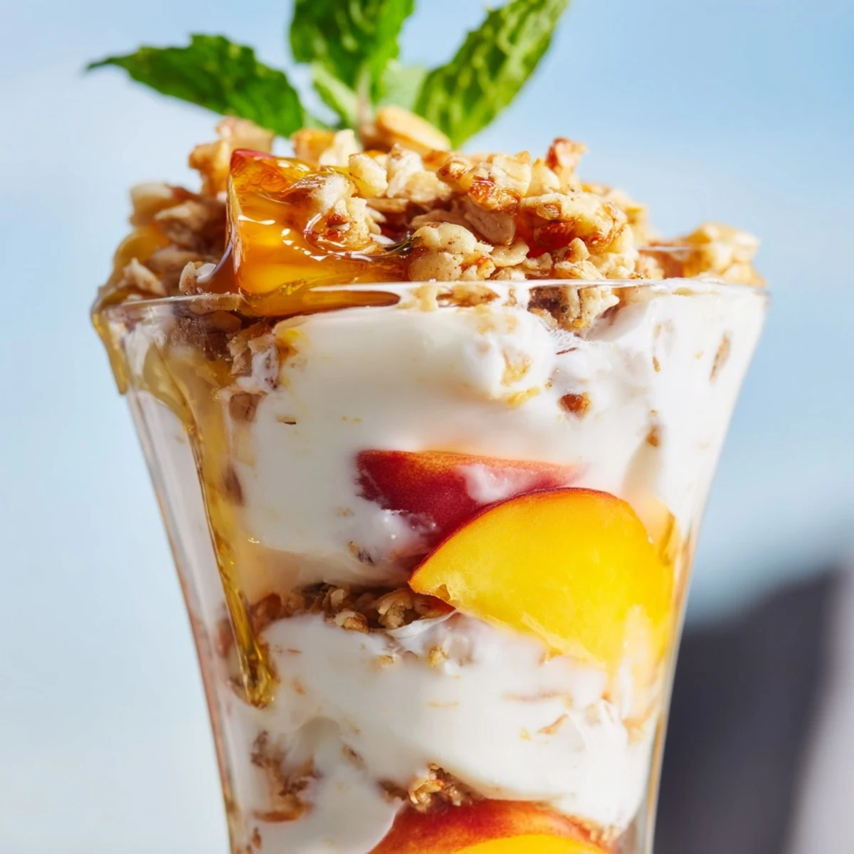 Breakfast parfait featuring honey-drizzled peaches, yogurt, and mint in clear serving glass