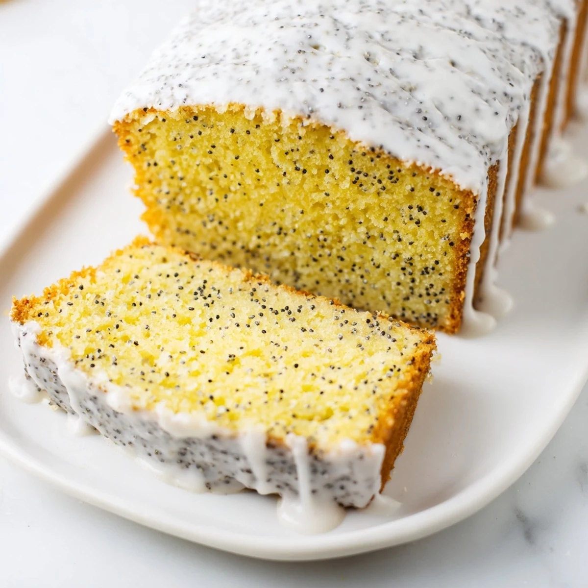 Moist lemon poppy seed cake slice revealing tender crumb and speckled poppy seeds inside