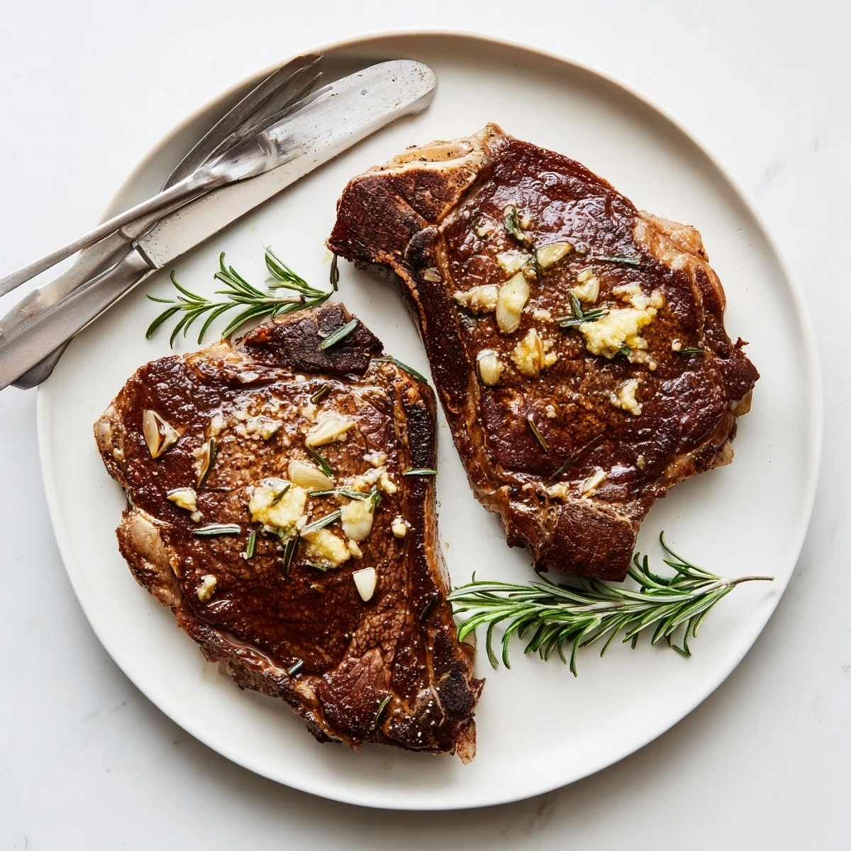 Juicy ribeye steak basting in aromatic garlic butter with fresh rosemary sprigs in cast iron skillet
