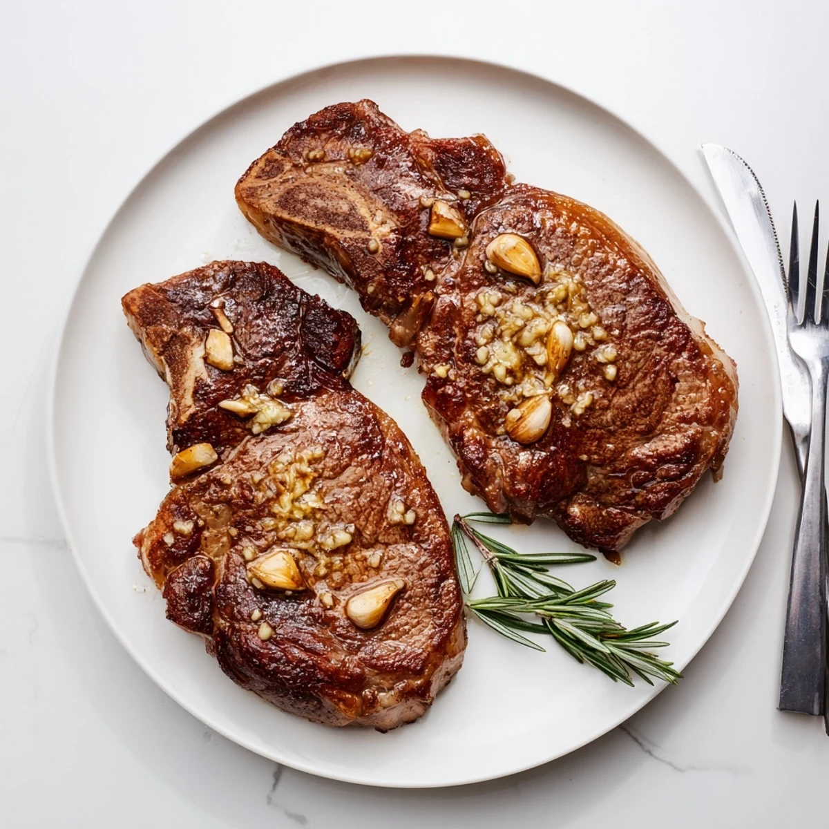 Pan-seared garlic butter steak with golden brown crust and melted herb butter on top