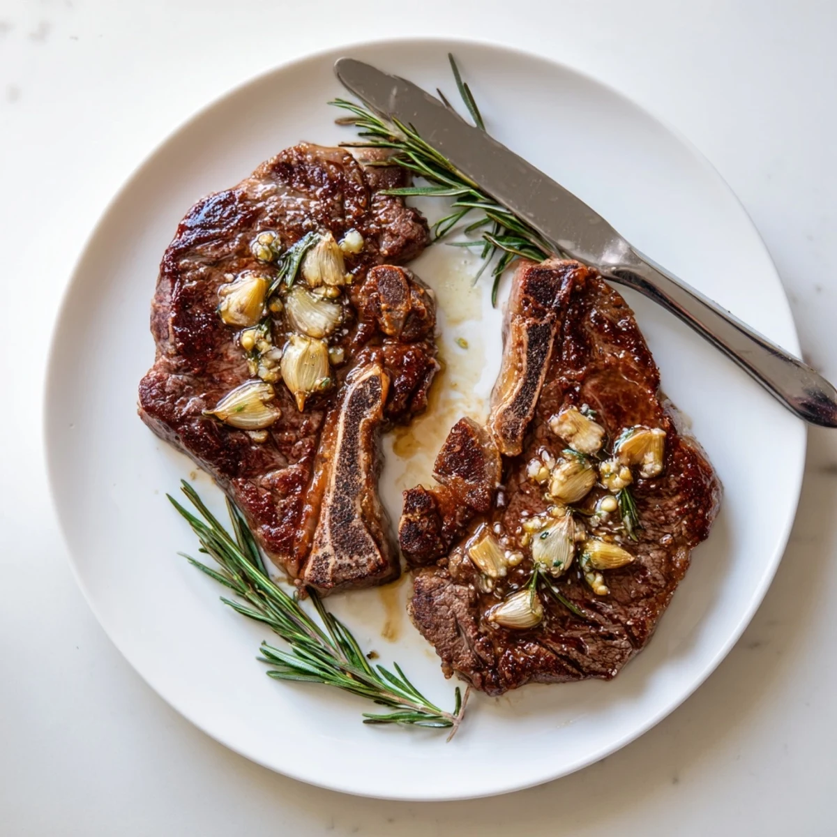Restaurant-quality garlic butter steak resting on plate with rich glossy finish and minced garlic garnish