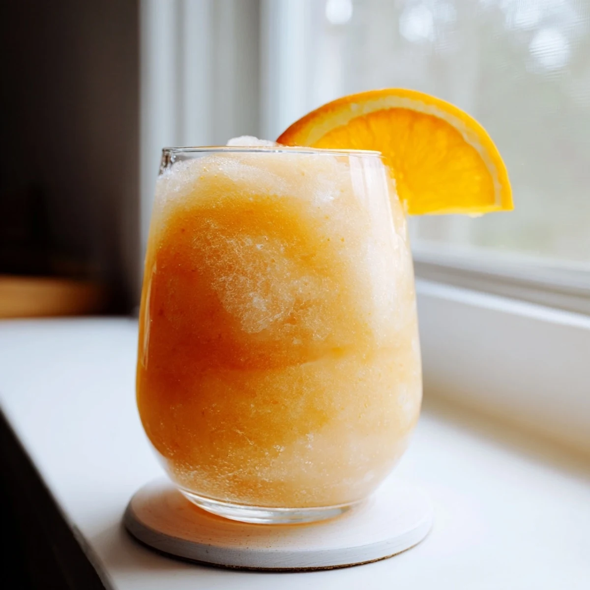 Frosty orange cream slush in a tall glass topped with fresh orange slice