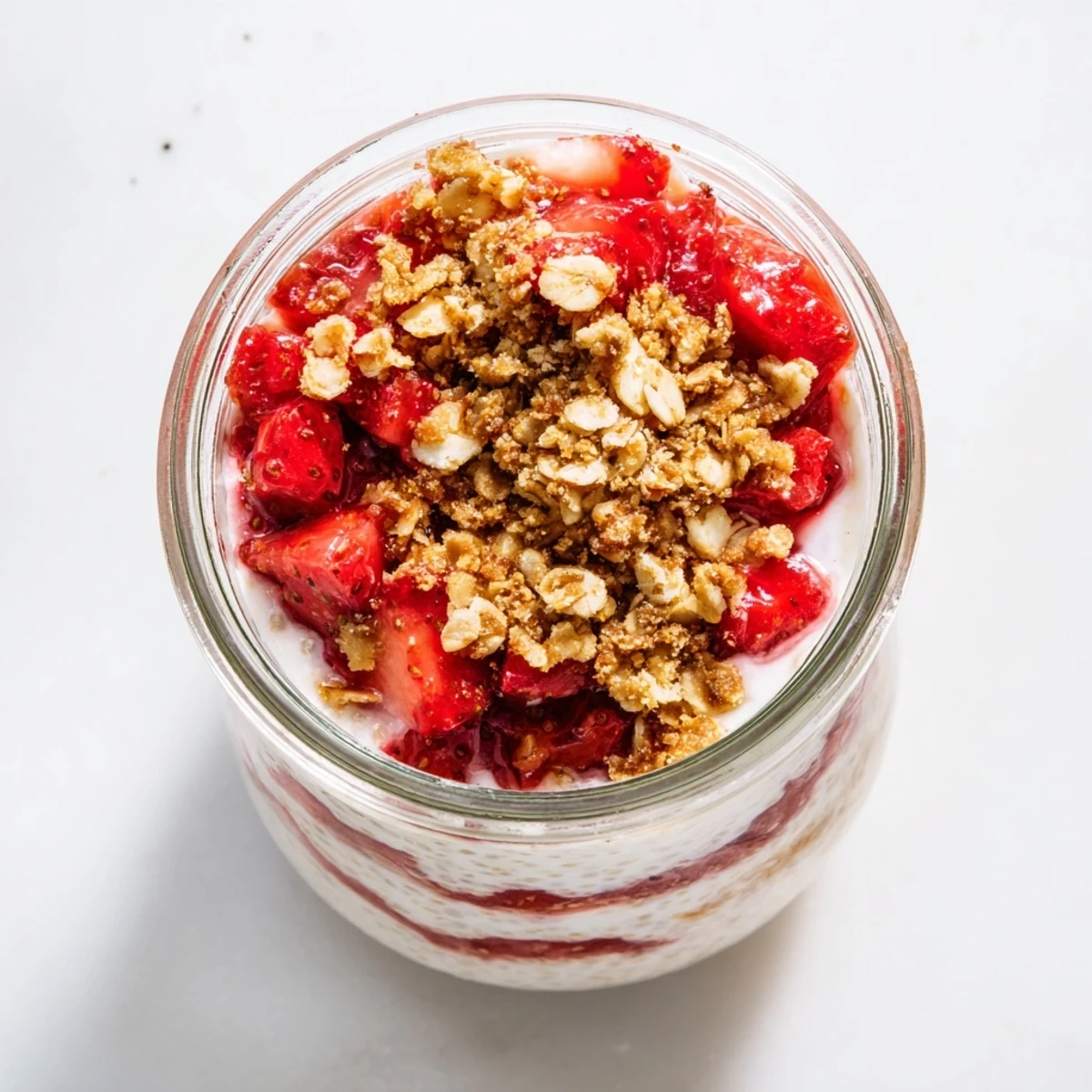 Glass jar of strawberry crumble chia pudding layered with fresh red berries and golden oat topping