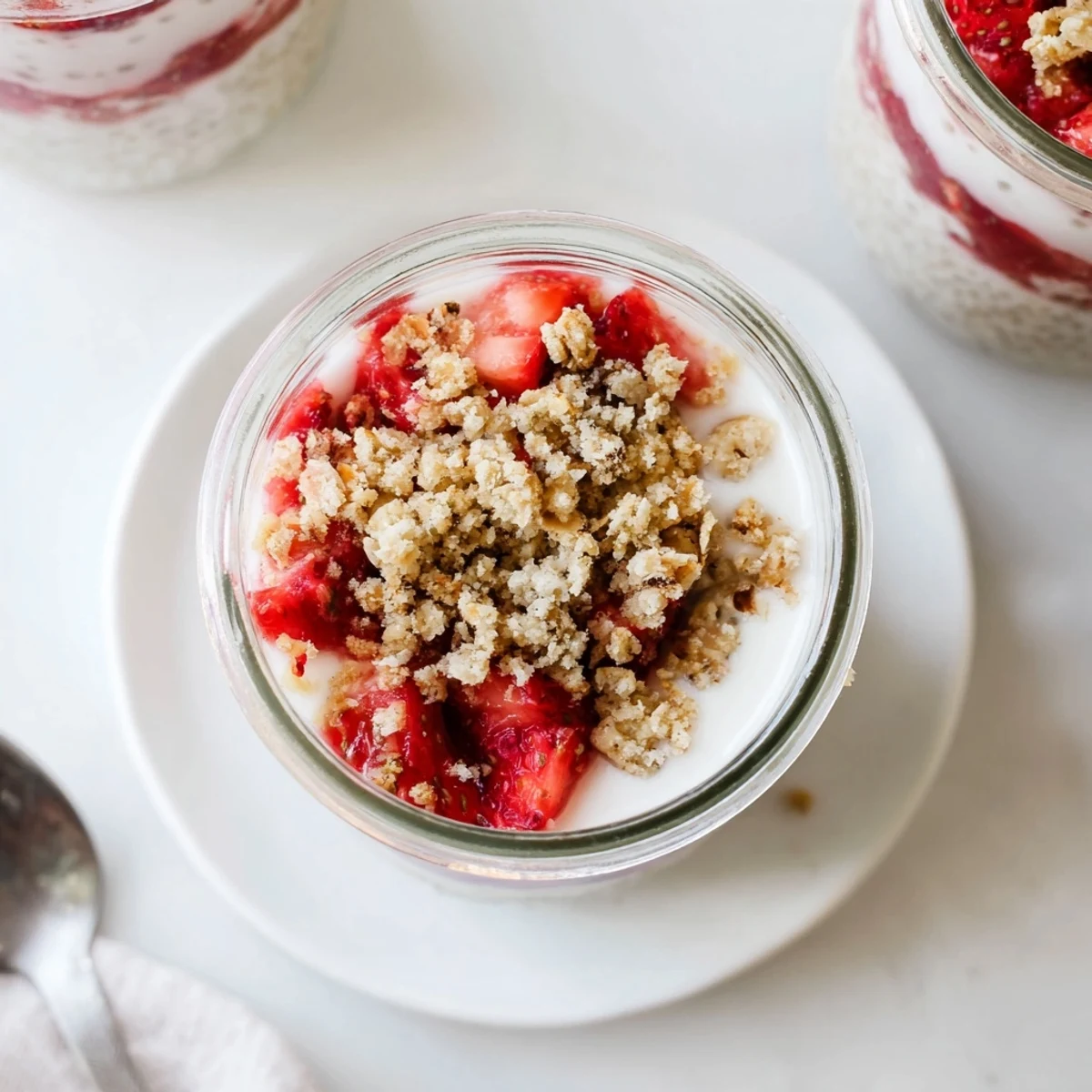 Creamy chia pudding with juicy strawberry slices and crisp oat crumble served in clear glass