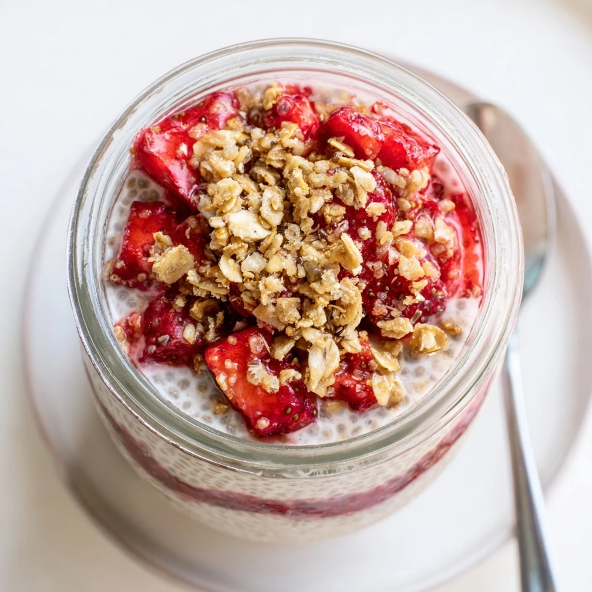 Close-up of layered strawberry crumble chia pudding showing white pudding red fruit and crunchy topping