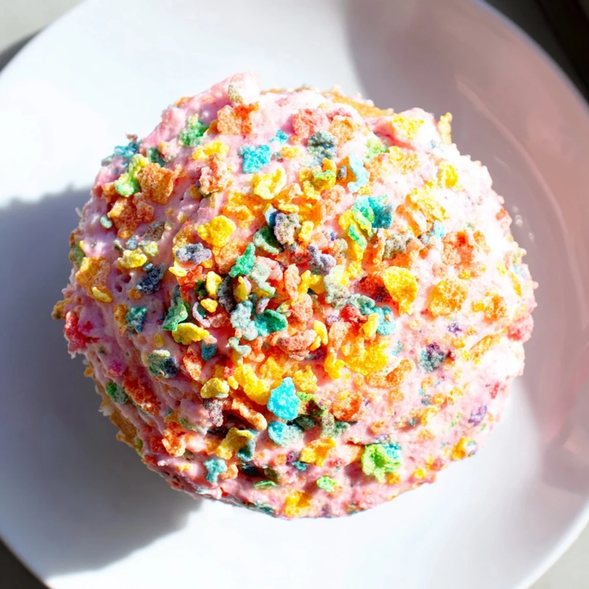 Vibrant Fruity Pebbles frosting spread thickly onto vanilla cake layers with crunchy cereal topping