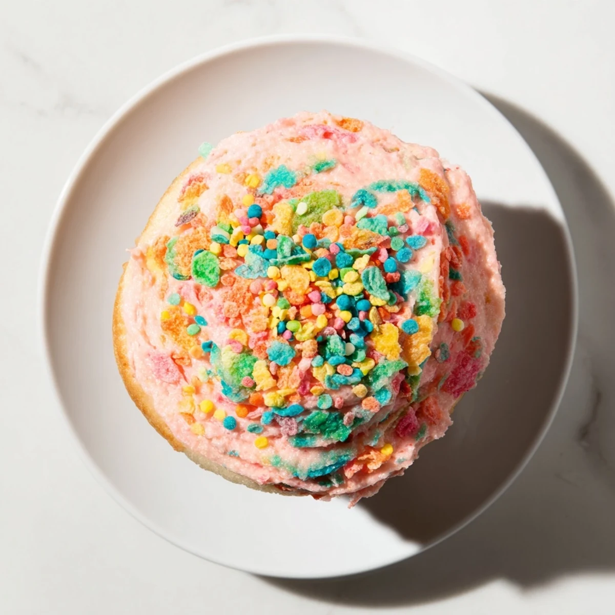 Colorful Fruity Pebbles cereal frosting piped onto fluffy white cupcakes with rainbow cereal garnish