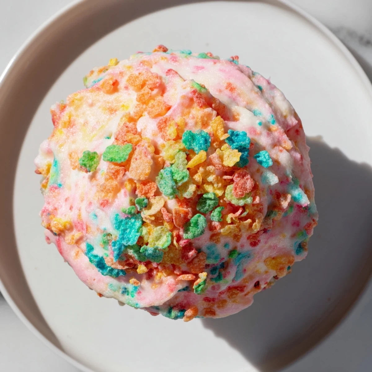 Whimsical bowl of pink Fruity Pebbles frosting ready for decorating birthday cupcakes and desserts