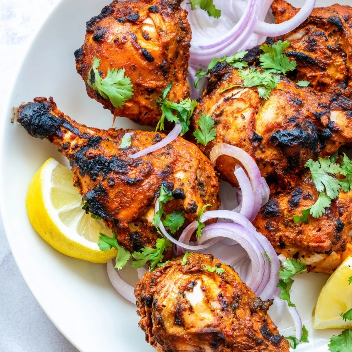 Golden tandoori chicken with spiced yogurt marinade served on white plate