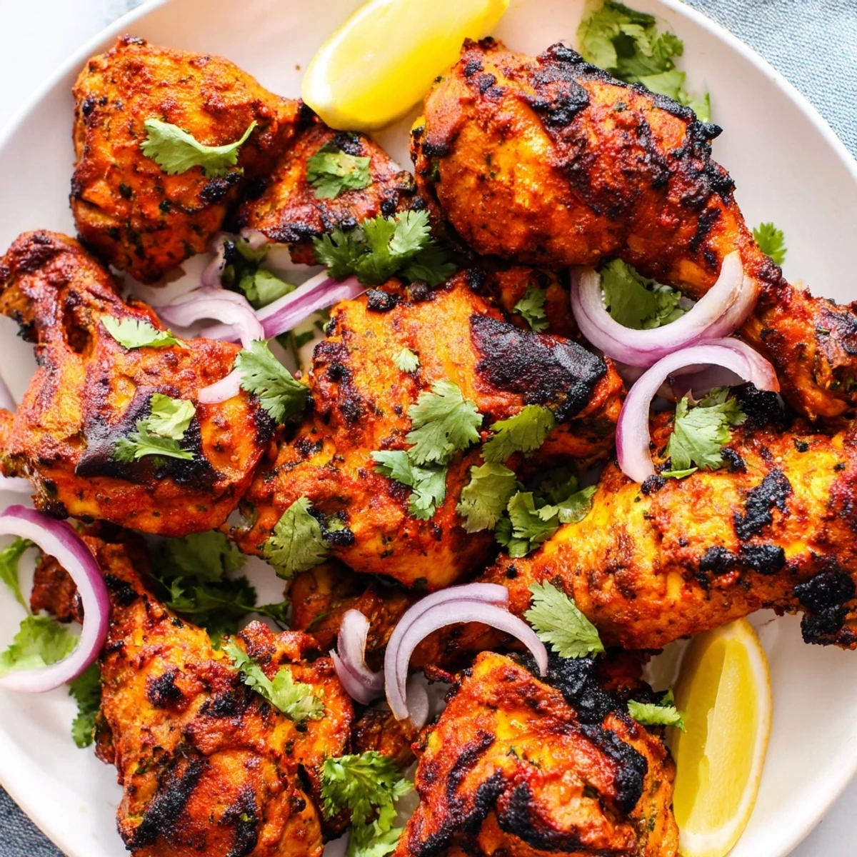 Succulent tandoori chicken pieces garnished with fresh cilantro and red onion slices