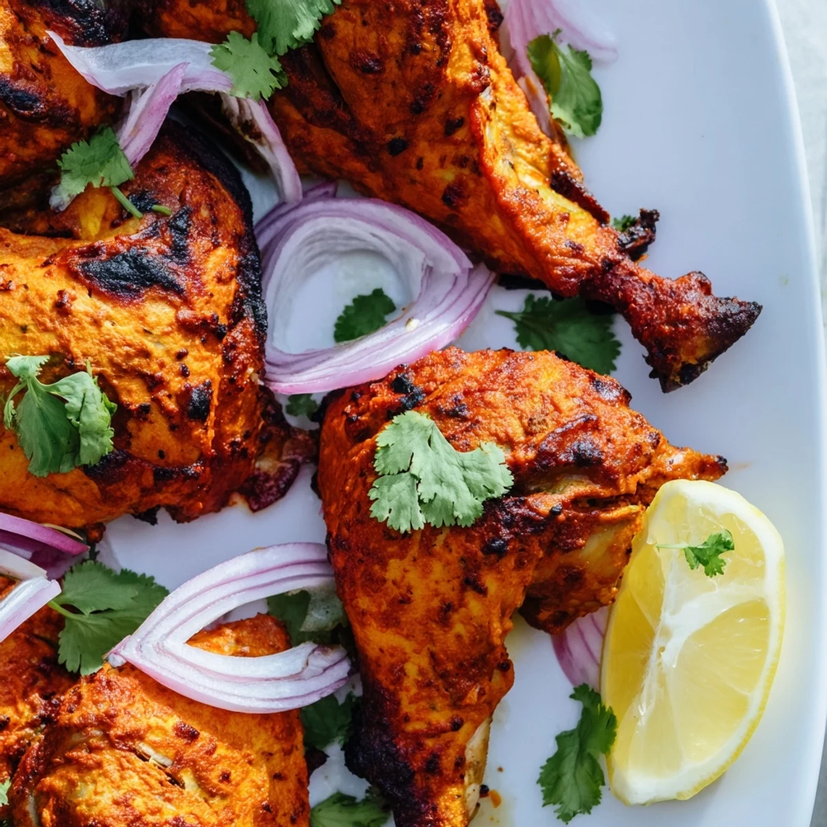 Charred tandoori chicken arranged on platter with lemon wedges and herbs