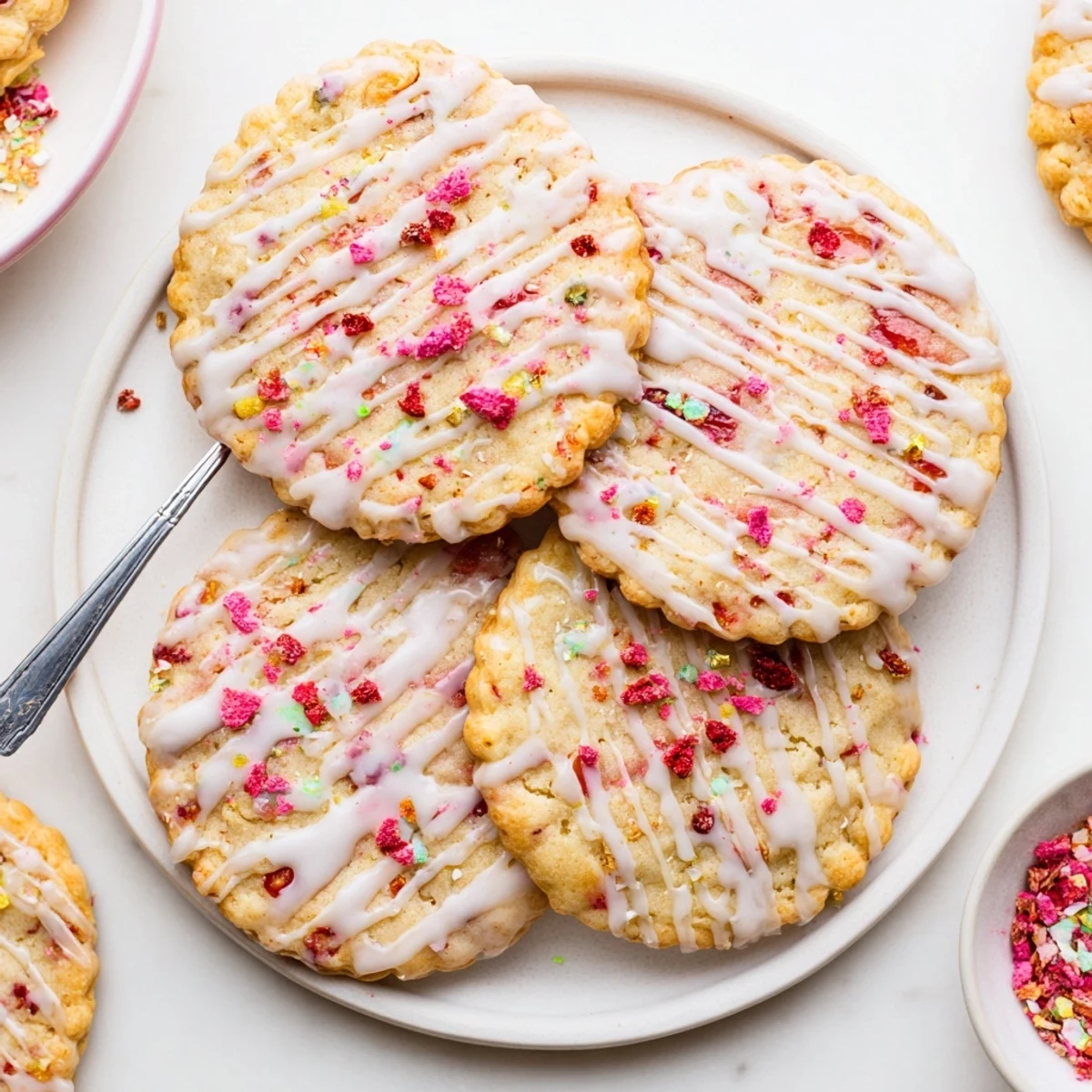 Golden brown strawberry pop tart cookies drizzled with white glaze and colorful sprinkles on a white plate