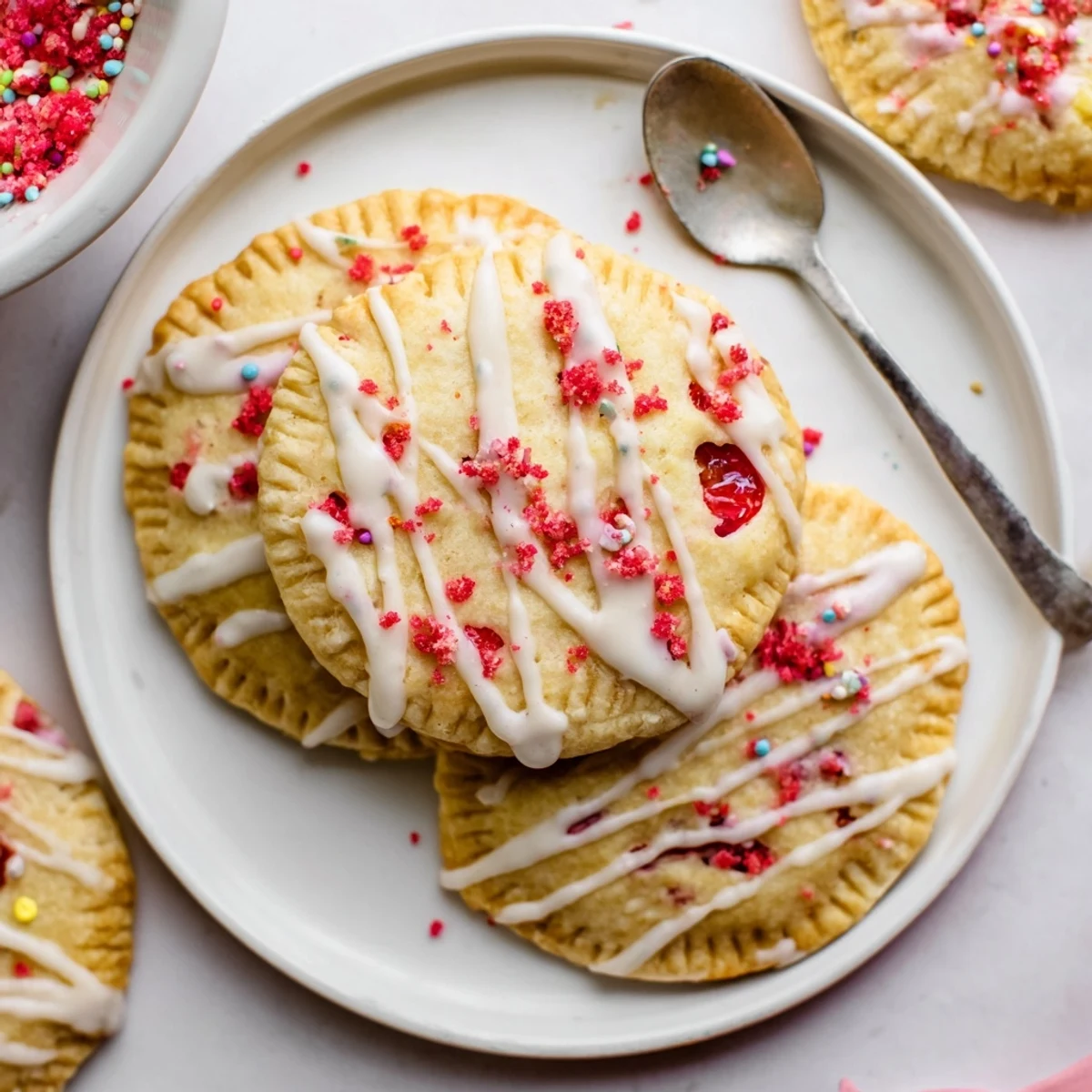 Freshly glazed strawberry pop tart cookies stacked on a wire cooling rack with vibrant red jam visible inside