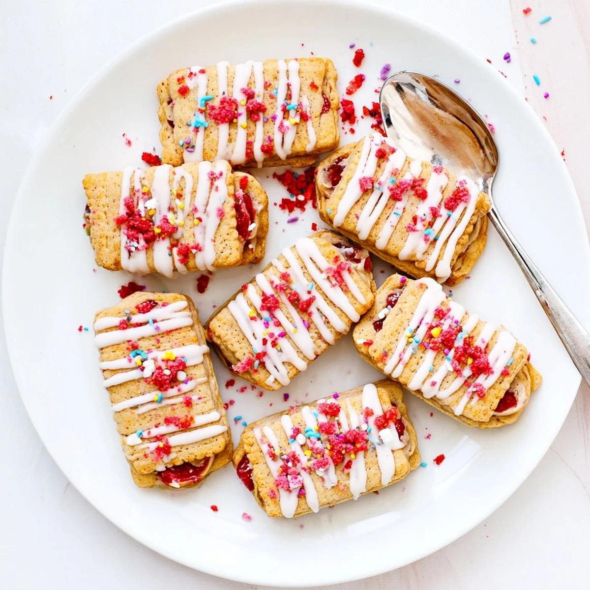Soft baked strawberry pop tart cookies filled with sweet jam and topped with vanilla icing and crushed strawberries
