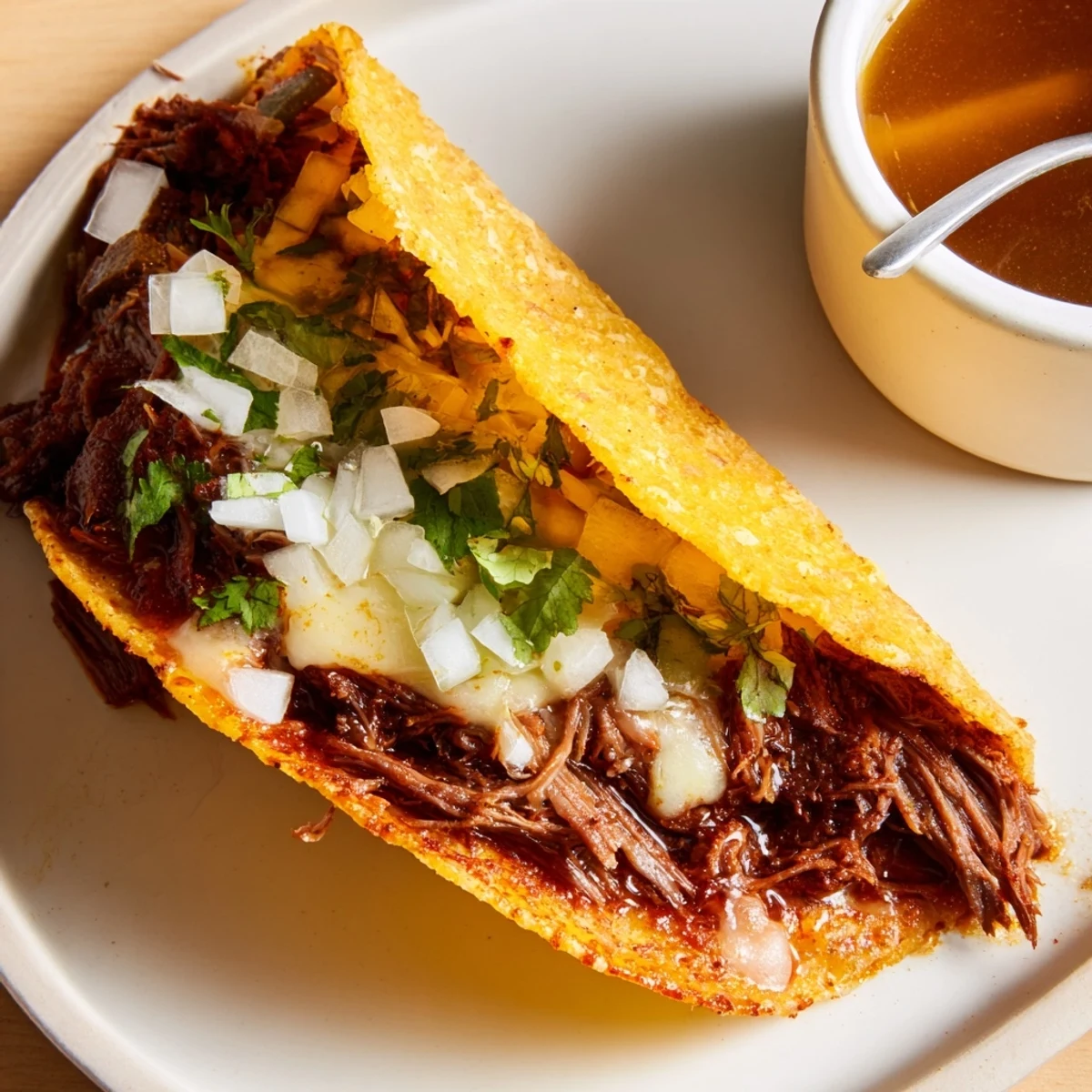 Hot Super Crispy Birria Tacos Recipe plated with cilantro, diced onion, dipping consommé