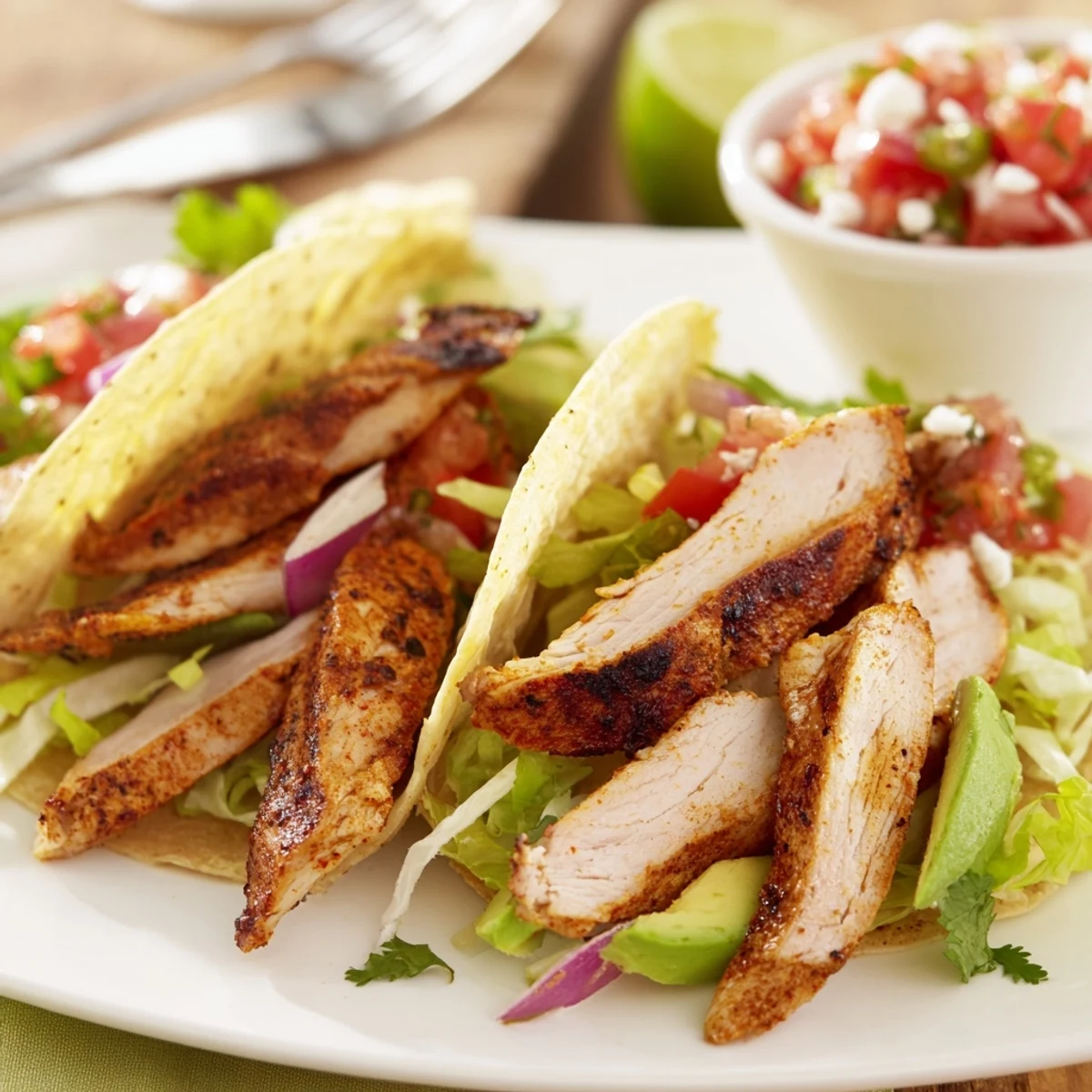 Charcoal Grilled Tacos with smoky char, sliced avocado and lime wedge
