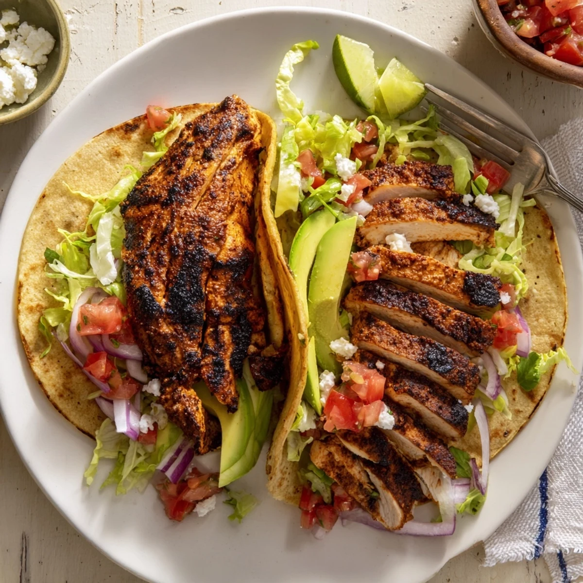 Weekend backyard Charcoal Grilled Tacos served with lime wedges and cold margarita