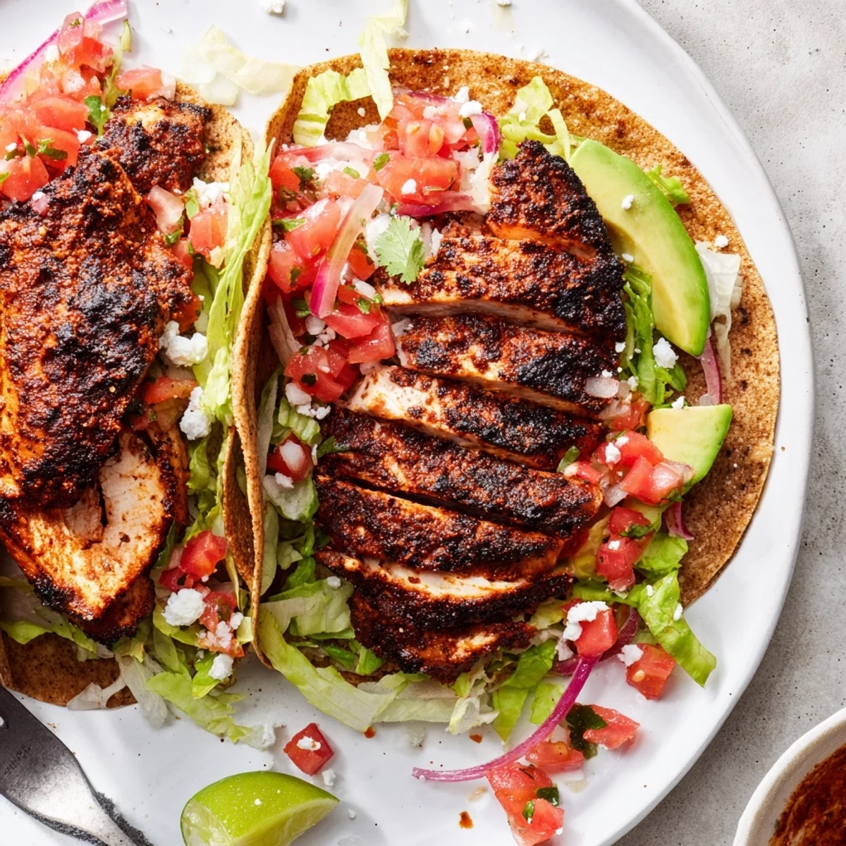 Close-up of Charcoal Grilled Tacos piled with cilantro, chopped tomato, sizzling meat