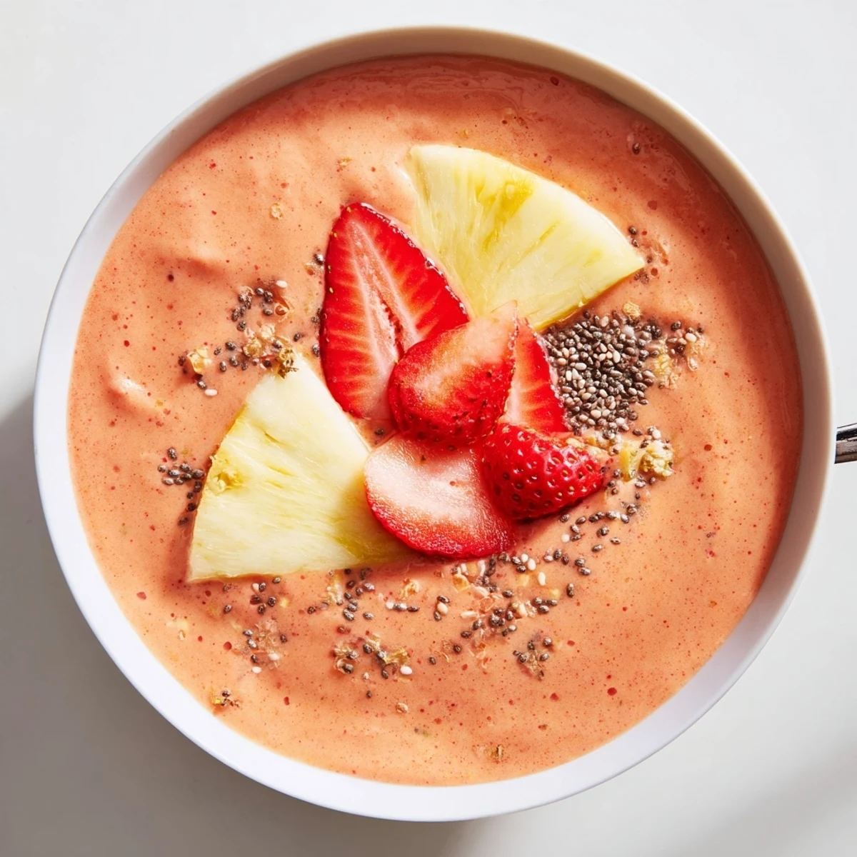 Strawberry Pineapple Smoothie in chilled glass, bright pink orange, creamy and refreshing