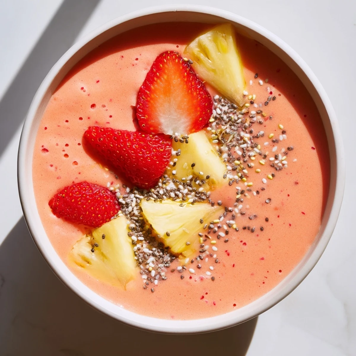 Cold Strawberry Pineapple Smoothie topped with fresh pineapple chunks, fragrant and tangy
