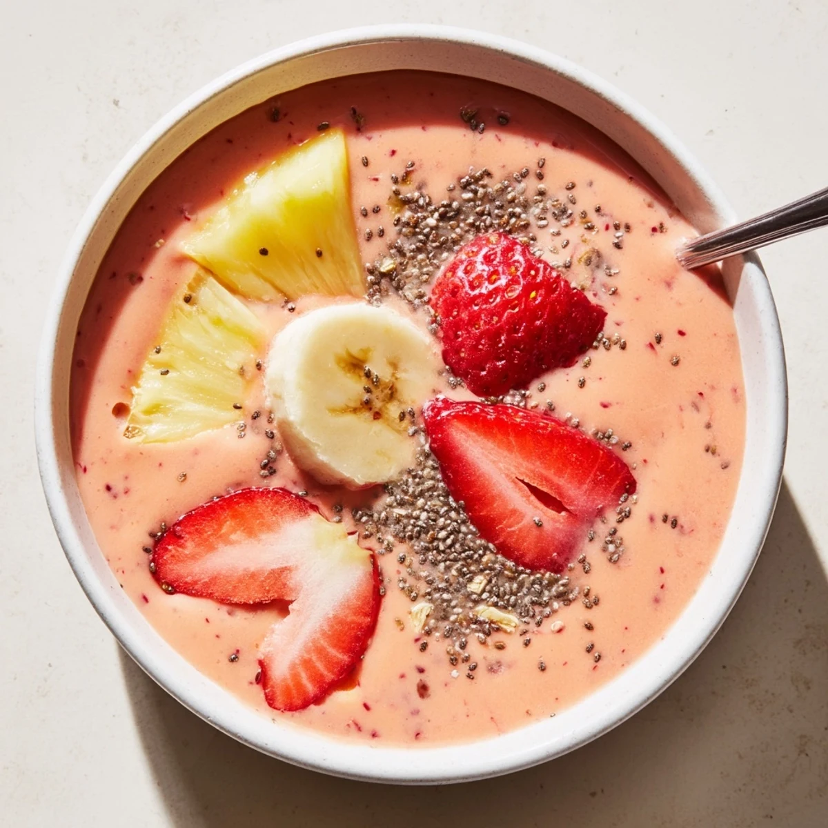 Strawberry Pineapple Smoothie blended with almond milk, silky texture, tropical breakfast sip