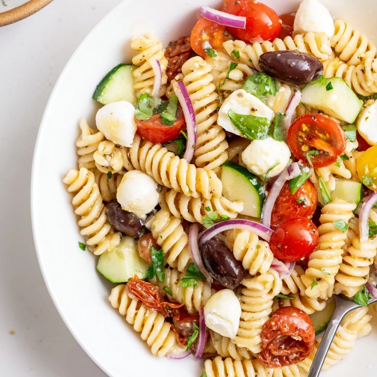 Bright Gluten Free Italian Pasta Salad Recipe tossed in olive oil vinaigrette